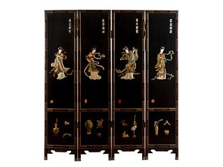 A Chinese Hardstone Inlaid Four-Panel Black Lacquer Floor Screen Height 72 x width of each panel 15 3/4 inches.