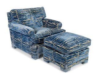 A Pair of Lounge Chairs and Ottomans Height of chairs 33 x width 39 x depth 42 inches.