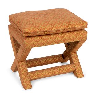 A Custom Fortuny Silk-Upholstered Stool Height 23 x width 25 x depth 20 inches.