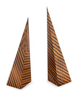 A Pair of Parquetry Wood Obelisks Height of taller 26 3/4 inches.