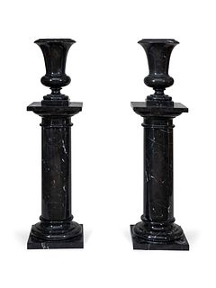 A Pair of Italian Marble Urns and Pedestals Height overall 53 inches.