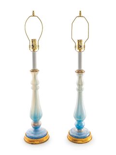 A Pair of Italian Glass Table Lamps Height overall 31 inches.