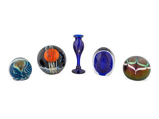 A Group of Four Art Glass Paper Weights and a Bud Vase Height of vase 5 inches.