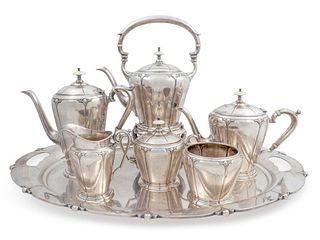 An American Silver Seven-Piece Tea & Coffee Service Height of kettle-on-stand 14 1/4 inches.
