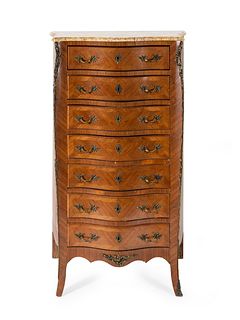 A Louis XV Style Kingwood and Tulipwood Serpentine-Fronted Semanier Height 55 x width 32 x depth 16 inches.