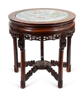 A Chinese Carved Rosewood Center Table with Famille Verte Porcelain Inset Top Height 31 x diameter 30 3/4, Porcelain, 24" diameter. 