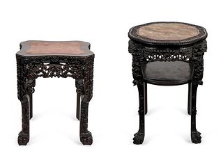 Two Chinese Carved Hardwood Marble Inset Top Tables Larger, Height 32 1/2 inches.