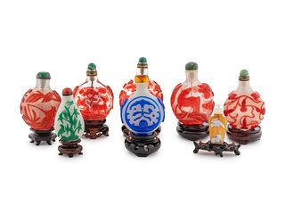 A Group of Eight Chinese Glasswork Snuff Bottles Height of tallest 3 1/8 inches.