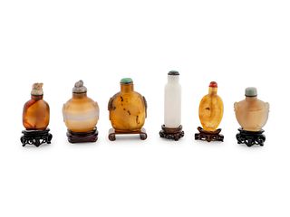 A Group of Six Chinese Hardstone Snuff Bottles Height of largest  3 1/4 inches.