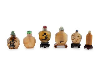 A Group of Six Chinese Hardstone Snuff Bottles Height of largest 3 inches.