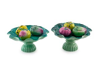 A Pair of Chinese Lotus-form Ceramic Compotes each with Three Fruit Offerings Height 6 3/8 x diameter 13 1/4 inches.