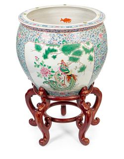 A Chinese Export Porcelain Fish Bowl on Hardwood Stand Bowl height 19 1/2 inches.