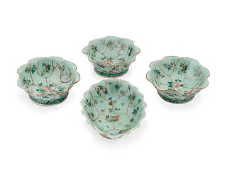 Four Chinese Export Famille Rose Celadon Porcelain Bowls Height 3 1/2 x diameter 8 1/4 inches.