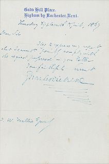 DICKENS, Charles (1812-1870). Autograph letter signed ("Charles Dickens"), to J. W. Mellis. Higham by Rochester, Kent, 18 August 1867.  