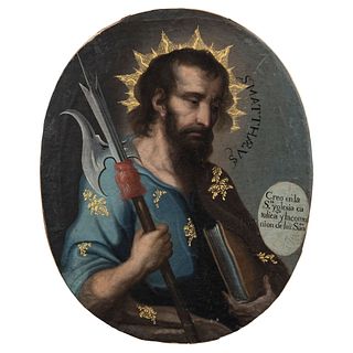 Saint Matthew. Mexico, 19th century. Oil on canvas. 27.5 x 22" (70 x 56 cm)