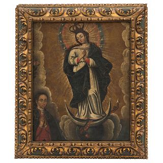 Virgin of the Immaculate Conception with Donor. Mexico, 18th century. Oil on canvas on wood. 21.7 x 18.8" (55.2 x 48 cm).