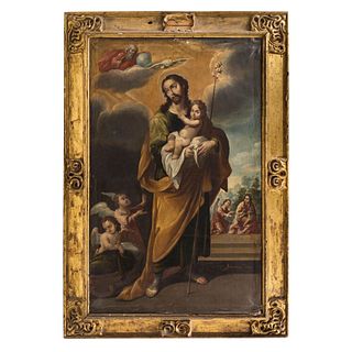 Juan de Miranda (Active in early 18th century). Saint Joseph with Child. Oil on cloth. Signed.