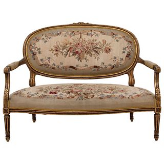 Living Room. France, early 20th century. Carved wood and gobelin upholstery. Armchair: 53.5 x 89" (136 x 89 cm). Individual armchair: 37 x 23.6" (94 x