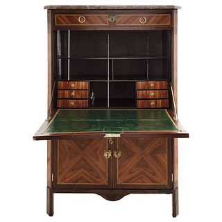 Secretaire. First half of 20th century. French style. Carved walnut wood and marble top. 55.9 x 36.2 x 13.7" (142 x 92 x 35 cm)