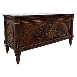 Cabinet. France, 19th century. Wood with gilt bronze applications and white marble top. 36.2 x 71.6 x 26.3" (92 x 182 x 67 cm)