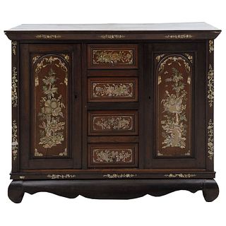 Cabinet. Early 20th century. Carved and polychrome wood inlaid with mother of pearl shell. 37.2 x 30.5 x 19.4" (94.5 x 77.5 x 49.5 cm)