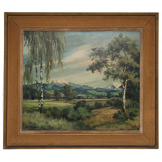 Enrique Benítez (Mexico, 1901 - 1980). Landscape with Volcanoes. Oil on wood. Signed. 23.6 x 27.5" (60 x 70 cm)