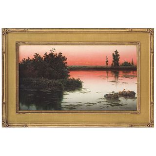 Ignacio Alcérreca y Comonfort (Mexico, 1869 - 1939). Sunset at a Lagoon. Oil on canvas. Signed. 14.5 x 26.7" (37 x 68 cm)