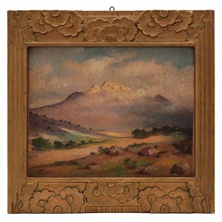 View of the Volcano Iztaccíhuatl. Mexico, 19th century. Oil on wood on cardboard. Signed "Morales". 7.8 x 9.8" (20 x 25 cm)