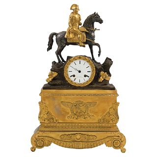 Chimney Clock. Europe, 19th century. GENTHON clock in bronze and gilded metal with figure of Napoleon. 19.4 x 12.2 x 3.1" (49.5 x 31 x 8 cm)