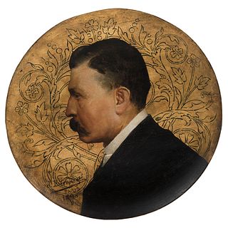 Joan Bernadet (Spain, 1860 – Jalapa, 1932). Portrait of Porfirio díaz. Painted wood.Firmada y fechada. 17.9" (45.5 cm)