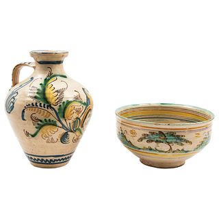 Jar and Bowl. The Queen's Talavera, Spain, 18th century. From the series POLÍCROMA. Enameled earthenware with animal and plant motifs.