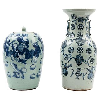 Vase and Tibor. China, ca.1900. Glazed porcelain with cobalt blue decoration and celadon background.
