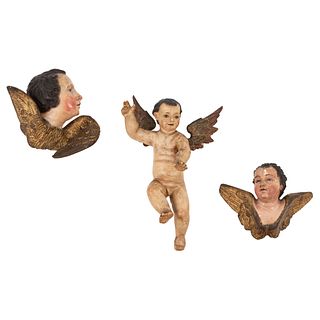 Lot of Angel and Cherubs. Mexico, 18th-19th century. Carved, gilded and polychrome wood.