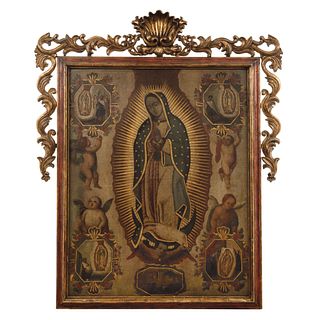 Virgin of Guadalupe with Apparitions and view of Tepeyac. Mexico, 18th – 19th century. Oil on canvas. 48 x 37.4" (122 x 95 cm)