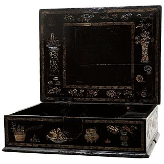 Wooden Chest. 19th century. Carved and lacquered black wood decorated with plant motifs. 21.2 x 16.5 x 5.7" (54 x 42 x 14.5 cm)