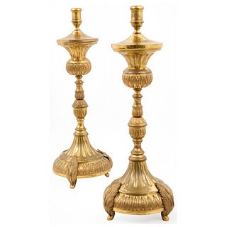 Pair of Candlesticks. 19th century. Golden metal. 25" (64 cm) tall
