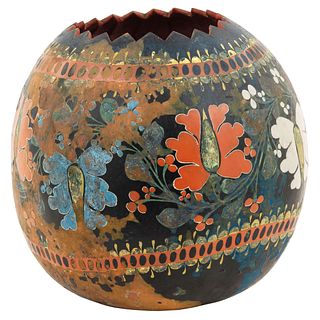 Bowl. Mexico, 19th century. Vegetable shell with polychrome decoration. 14 x 7" (36 x 18 cm)