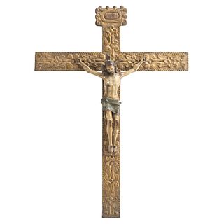 Christ on the Cross. Mexico, late 18th century. Polychrome wood carving. Stucco, gilded and polychrome wooden cross.