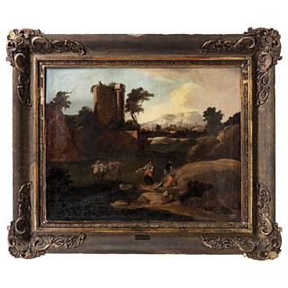 Attributed to Phillippe Peter Roos. PAISAJE CON CASTILLO Y CAMPESINOS. Germany, 17th century. Oil on canvas.