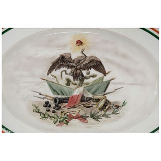 Commemorative plate. Mexico, 19th century. English  Glazed porcelain with eagle in the center and tricolor stripe on the edge.