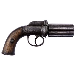 Pepperbox Revolver. Belgium, 19th century. Made of iron with wooden scales. Muzzleloader and primer system.