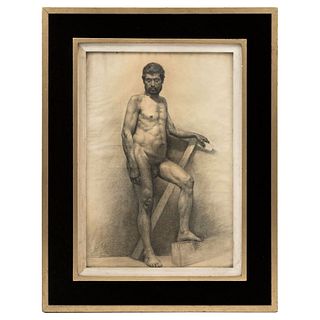 José María Velasco (México, 1840 - 1912). Male Nude. Charcoal on paper. Signed. 21.2 x 14.5" (54 x 37 cm)