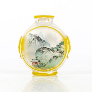 VINTAGE CHINESE SNUFF BOTTLE, MOUNTAINS, RIVER AND FLORA