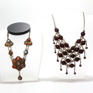 2 ANTIQUE INDIAN STYLE BIB NECKLACES WITH STONES