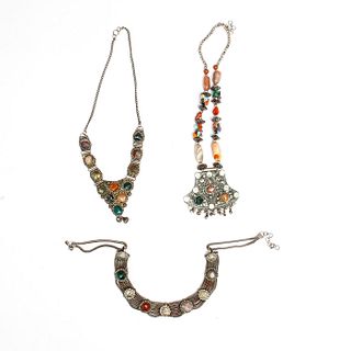 3 20TH C. ETHNIC INDIAN STONE INSET METAL NECKLACES