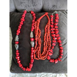 3 CHUNKY FAUX RED CORAL NECKLACES