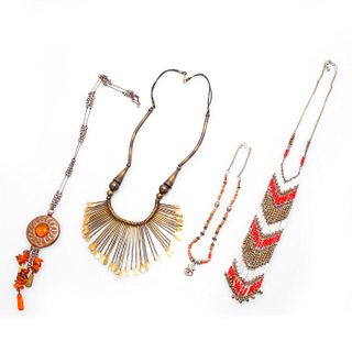 4 NECKLACES WITH BRONZE, AMBER, CORAL BEADS AND STONES