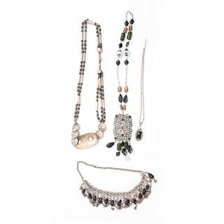 4 NECKLACES WITH OBSIDIAN COLOR STONES AND BEADS