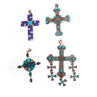 4 MEXICAN STERLING SILVER CRUCIFIX CROSS PENDANTS