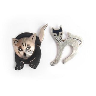 2 VINTAGE MEXICAN STERLING SILVER CAT BROOCH PINS